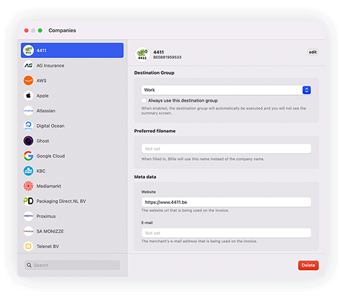 Billie companies interface showing supplier management with company logos and metadata tracking