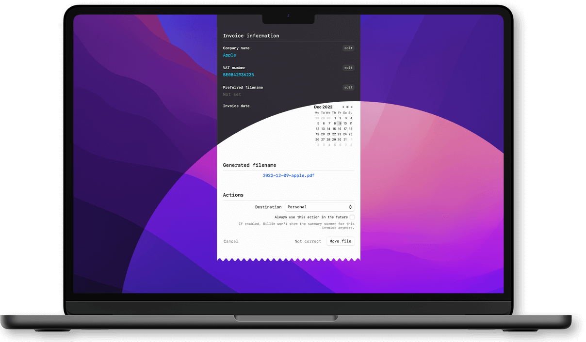 Billie dark mode interface showing beautiful dark theme with purple gradient background and invoice preview