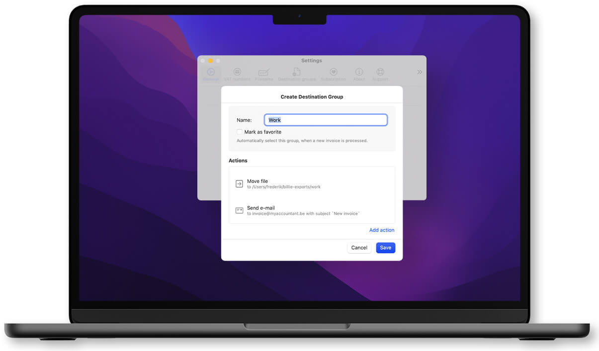 Billie Destination Groups interface showing automated workflow configuration on macOS