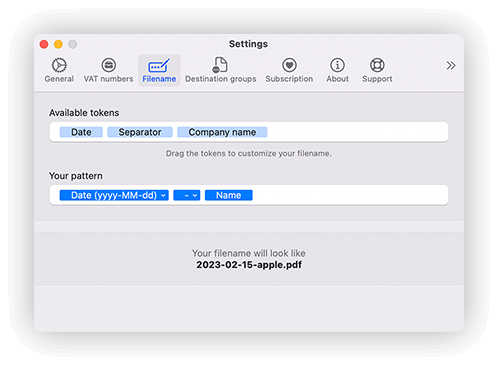 Billie filename customization interface showing drag and drop tokens for creating custom file naming patterns