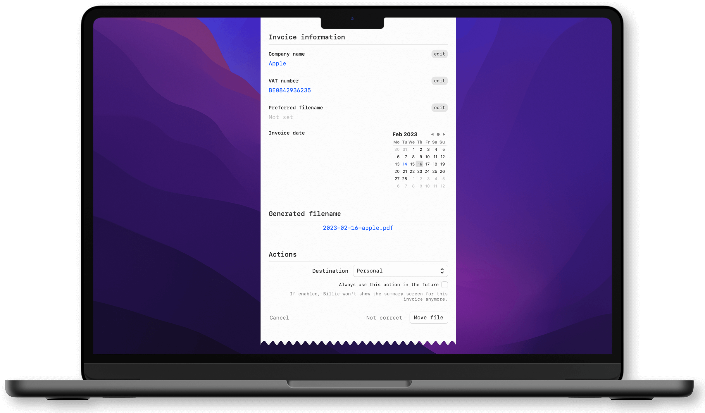 Billie - The Smart Invoice Assistant for macOS