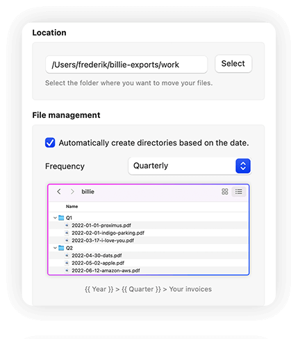 Billie automatic organization interface showing quarterly folder structure with invoice files